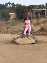 Cargar imagen en el visor de la galería, Overol rosado bebe denim manga corta